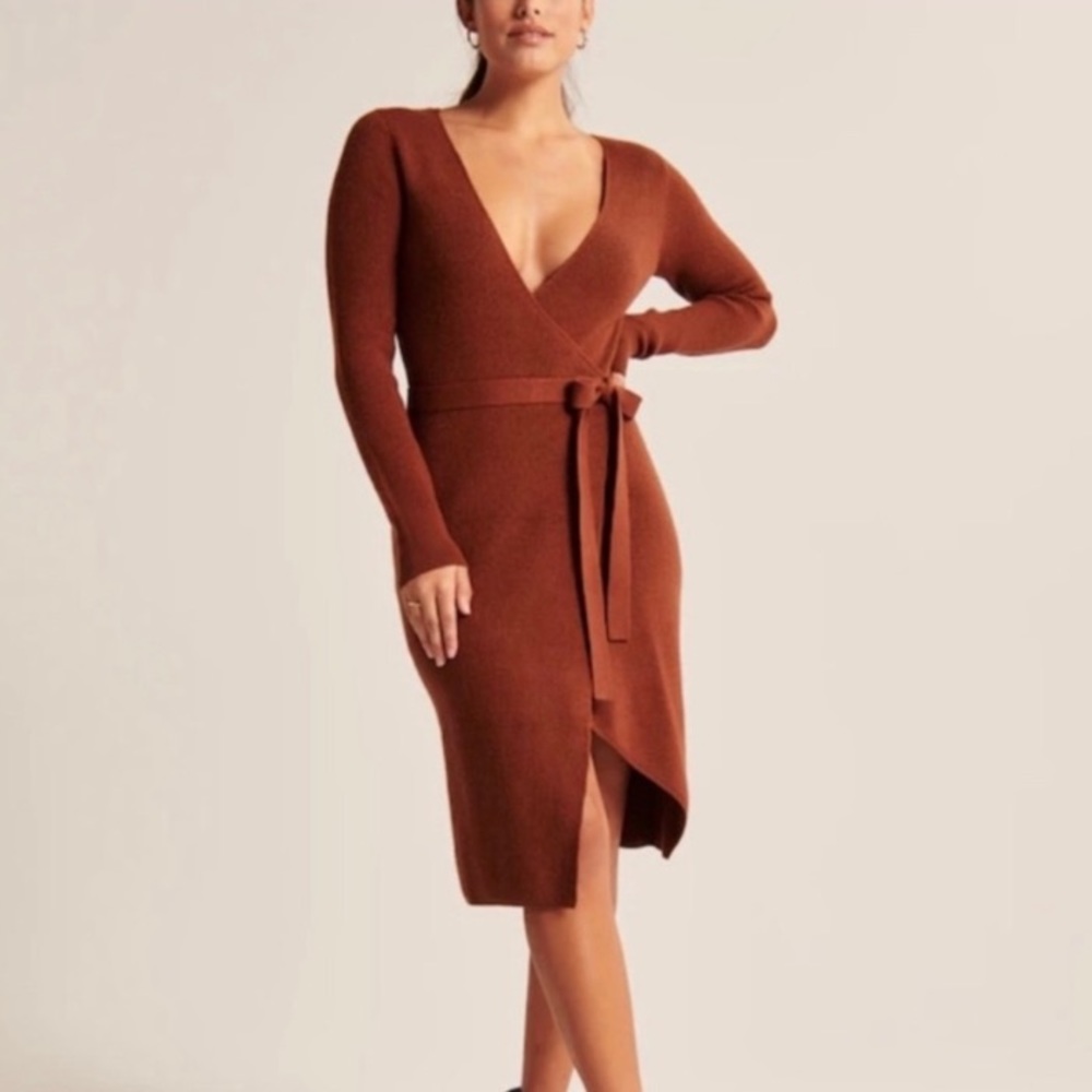 Abercrombie & Fitch cream wrap ribbed midi sweater dress